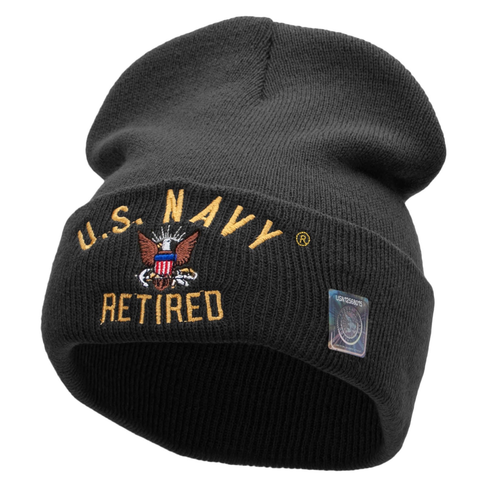 Licensed US Navy Beanie | – Long Military Designed USA Made Embroidered in Retired | Veterans/Retired e4Hats